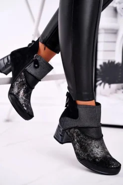 Damskie Maciejka Botki Damskie Skórzane Ocieplane Granatowe 03790-20