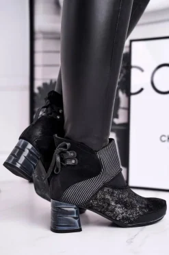 Damskie Maciejka Botki Damskie Skórzane Ocieplane Granatowe 03790-20