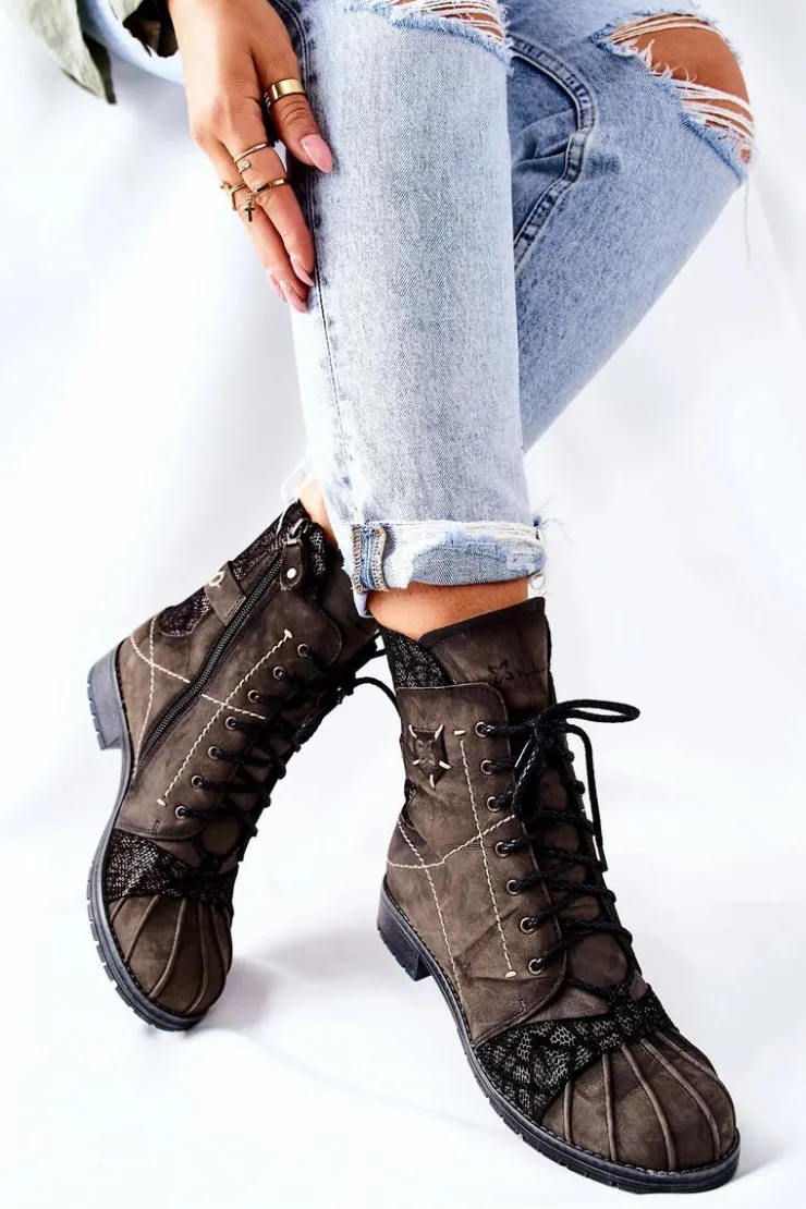 Maciejka Botki Maciejka|Botki Sznurowane*Botki Damskie Skórzane Ocieplane Oliwkowe 03961-24