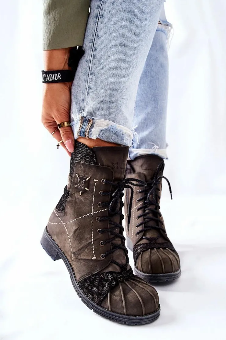 Maciejka Botki Maciejka|Botki Sznurowane*Botki Damskie Skórzane Ocieplane Oliwkowe 03961-24