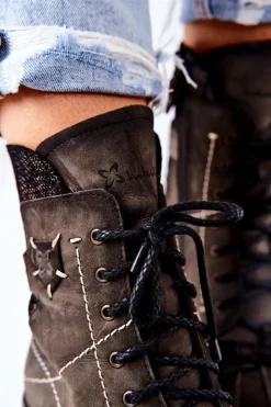 Maciejka Botki Maciejka|Botki Sznurowane*Botki Damskie Skórzane Ocieplane Oliwkowe 03961-24