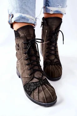 Maciejka Botki Maciejka|Botki Sznurowane*Botki Damskie Skórzane Ocieplane Oliwkowe 03961-24