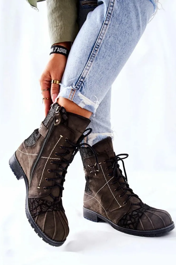 Maciejka Botki Maciejka|Botki Sznurowane*Botki Damskie Skórzane Ocieplane Oliwkowe 03961-24