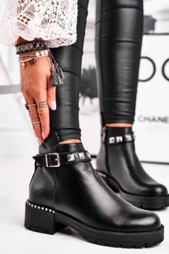 Laura Messi Czarne Botki|Botki Zimowe Damskie*Botki Damskie Skórzane Ocieplane Czarne 2055