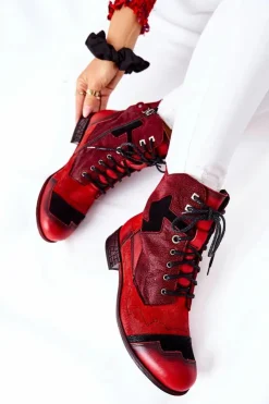 Damskie Maciejka Botki Damskie Skórzane Ocieplane Czerwone 04625-08