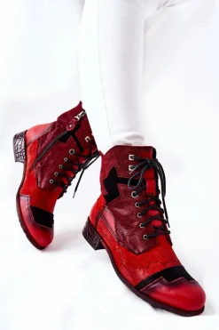 Damskie Maciejka Botki Damskie Skórzane Ocieplane Czerwone 04625-08