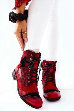 Damskie Maciejka Botki Damskie Skórzane Ocieplane Czerwone 04625-08