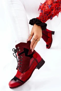 Damskie Maciejka Botki Damskie Skórzane Ocieplane Czerwone 04625-08