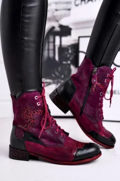 Online Maciejka Botki Damskie Skórzane Ocieplane Fioletowe 04625-23