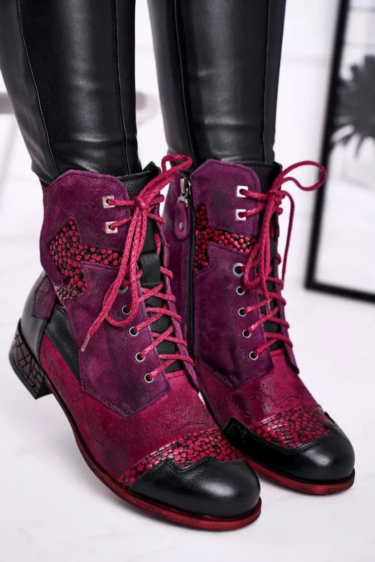 Online Maciejka Botki Damskie Skórzane Ocieplane Fioletowe 04625-23