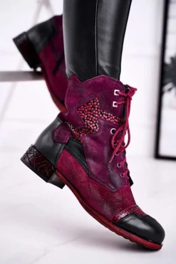 Online Maciejka Botki Damskie Skórzane Ocieplane Fioletowe 04625-23