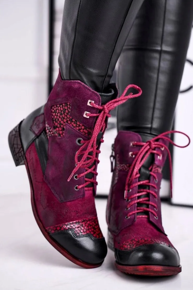 Online Maciejka Botki Damskie Skórzane Ocieplane Fioletowe 04625-23