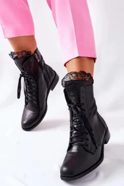 Damskie Boto Botki Damskie Skórzane Ocieplane Nicole Czarne 2193