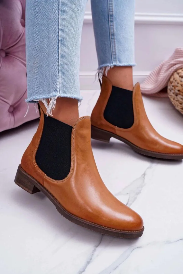 Maciejka Botki Damskie Skórzane Sztyblety Camel 04359