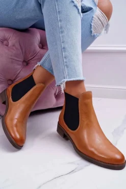 Maciejka Botki Damskie Skórzane Sztyblety Camel 04359