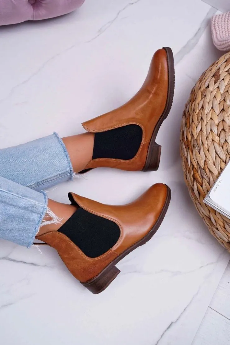 Maciejka Botki Damskie Skórzane Sztyblety Camel 04359