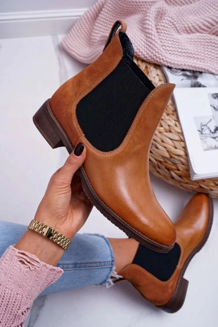 Maciejka Botki Damskie Skórzane Sztyblety Camel 04359