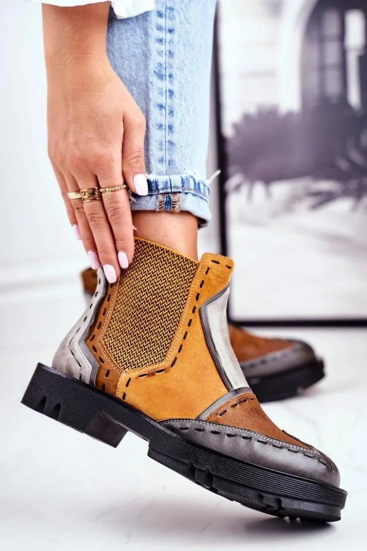 Maciejka Botki Maciejka|Botki Płaskie*Botki Damskie Skórzane Sztyblety Żółte 04634