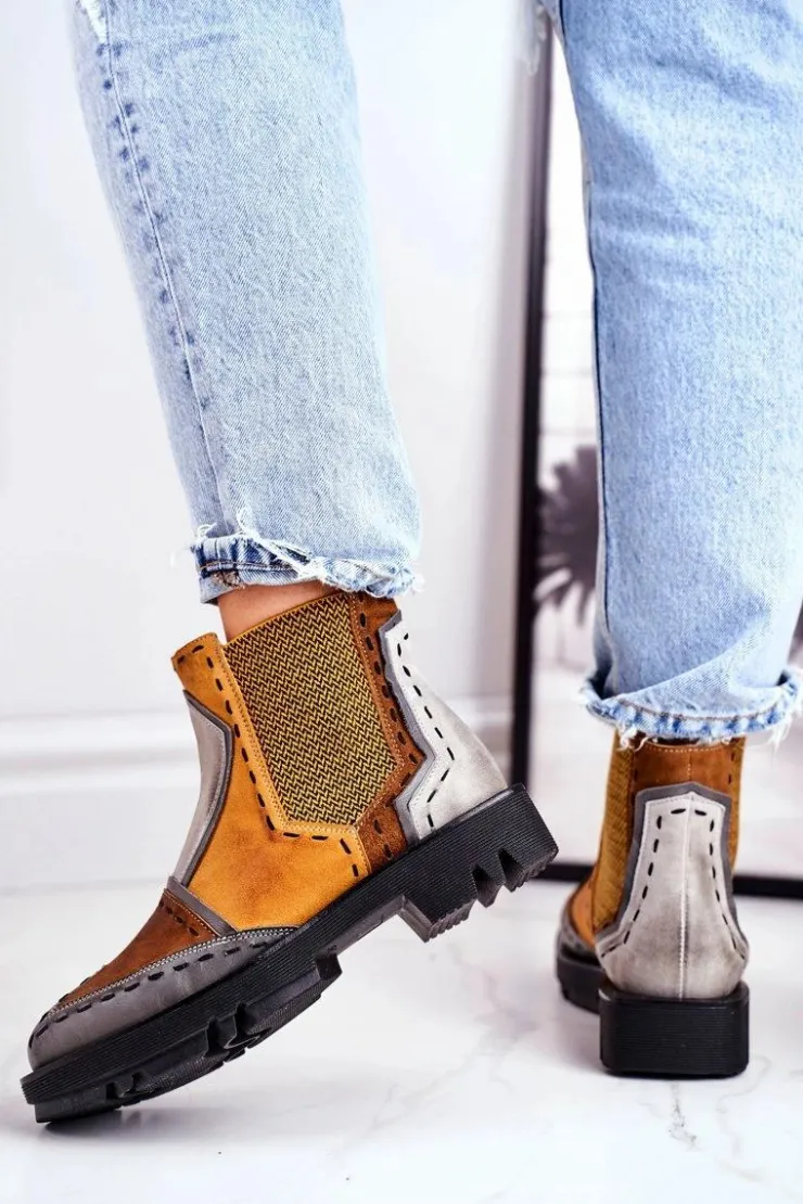 Maciejka Botki Maciejka|Botki Płaskie*Botki Damskie Skórzane Sztyblety Żółte 04634