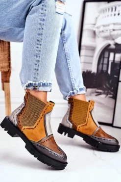 Maciejka Botki Maciejka|Botki Płaskie*Botki Damskie Skórzane Sztyblety Żółte 04634