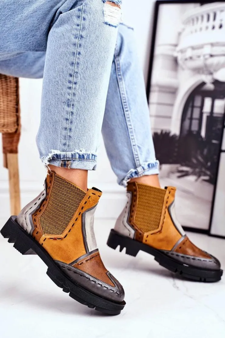 Maciejka Botki Maciejka|Botki Płaskie*Botki Damskie Skórzane Sztyblety Żółte 04634