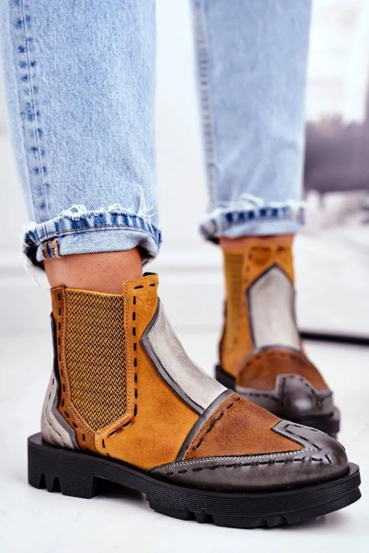 Maciejka Botki Maciejka|Botki Płaskie*Botki Damskie Skórzane Sztyblety Żółte 04634