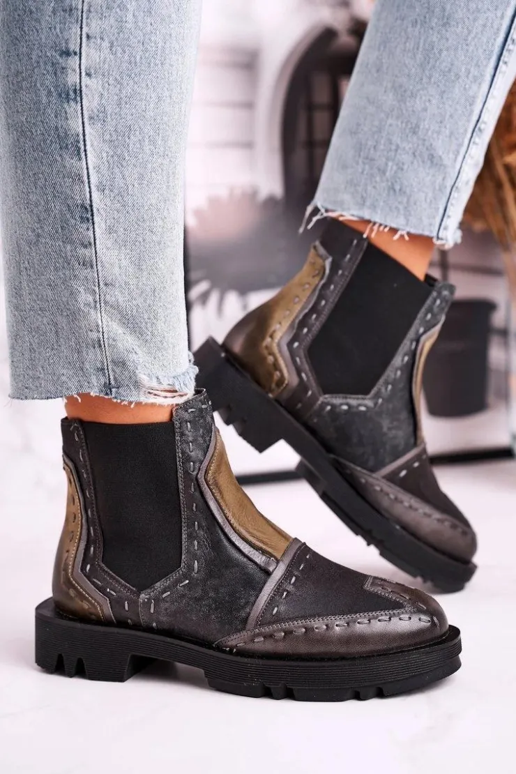 Damskie Maciejka Botki Damskie Skórzane Sztyblety Szare 04634-03