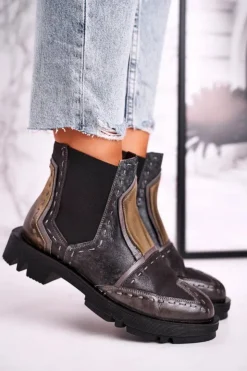 Damskie Maciejka Botki Damskie Skórzane Sztyblety Szare 04634-03