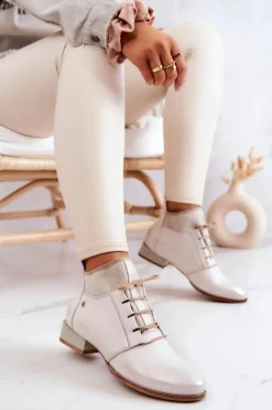 New Maciejka Botki Damskie Skórzane Trzewiki Jasnobeżowe 04744-22