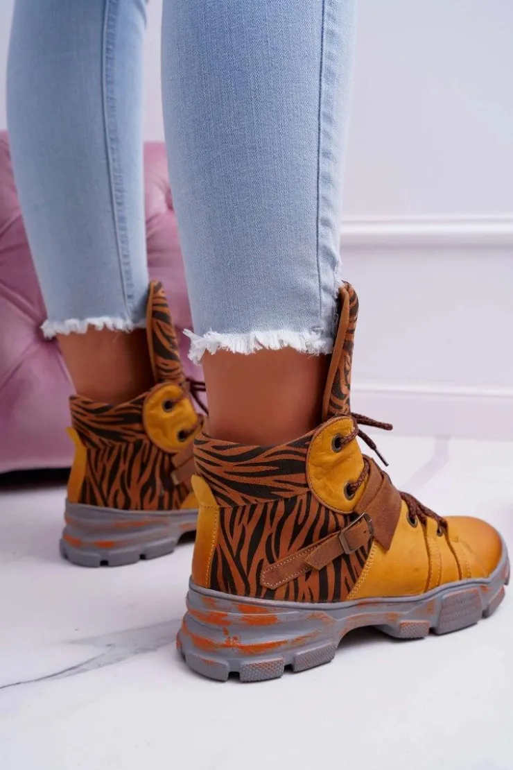 Damskie Maciejka Botki Damskie Skórzane Trzewiki Żółte 04218