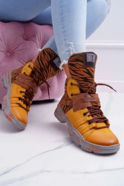 Damskie Maciejka Botki Damskie Skórzane Trzewiki Żółte 04218