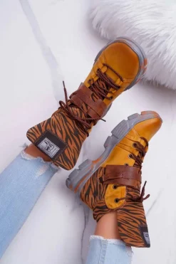 Damskie Maciejka Botki Damskie Skórzane Trzewiki Żółte 04218