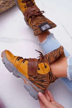 Damskie Maciejka Botki Damskie Skórzane Trzewiki Żółte 04218