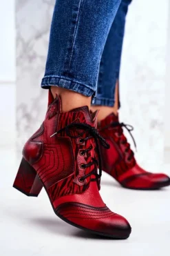 Damskie Maciejka Botki Damskie Skórzane Trzewiki Czerwone 03194