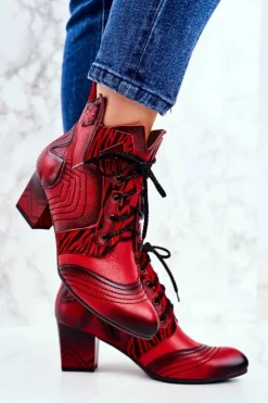 Damskie Maciejka Botki Damskie Skórzane Trzewiki Czerwone 03194