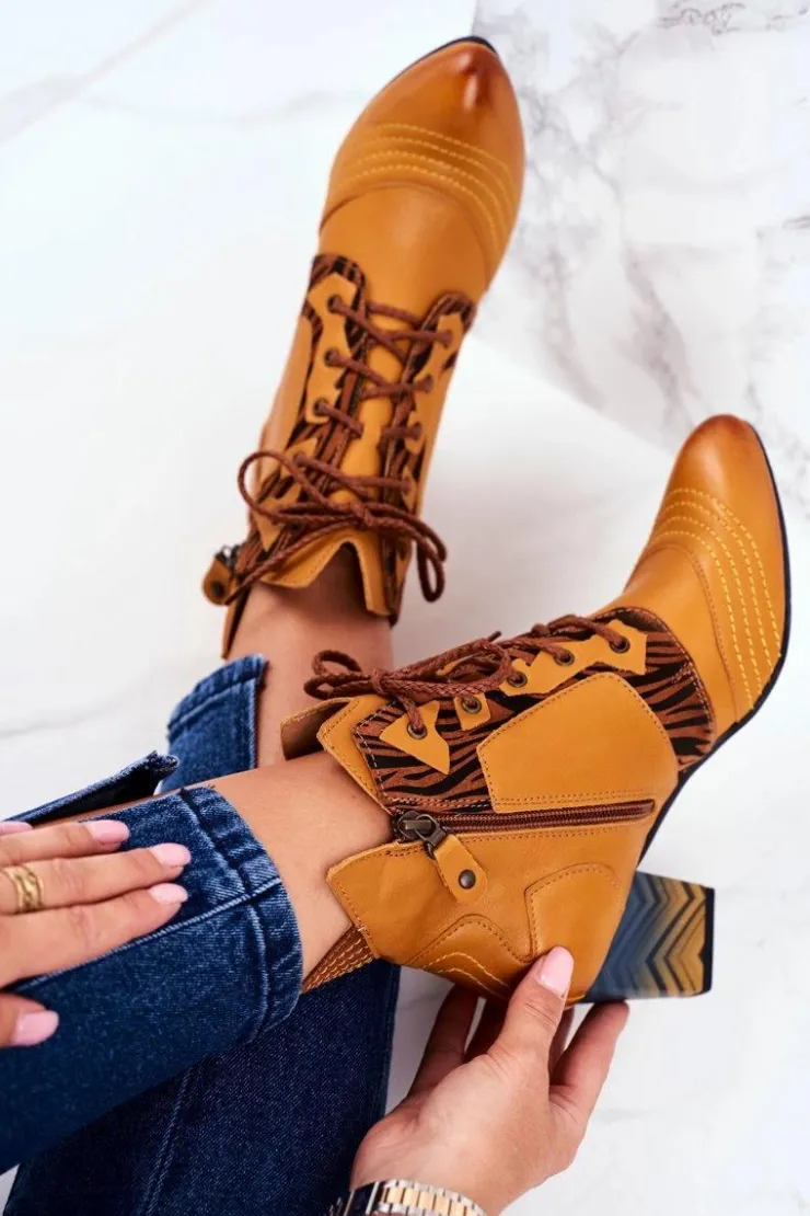 New Maciejka Botki Damskie Skórzane Trzewiki Żółte 03194