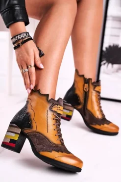 Maciejka Botki Maciejka|Botki Na Słupku*Botki Damskie Skórzane Trzewiki Żółte 03190-07