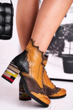 Maciejka Botki Maciejka|Botki Na Słupku*Botki Damskie Skórzane Trzewiki Żółte 03190-07