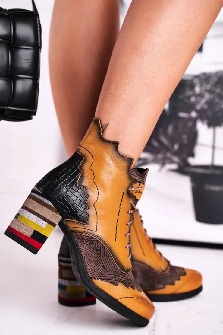 Maciejka Botki Maciejka|Botki Na Słupku*Botki Damskie Skórzane Trzewiki Żółte 03190-07