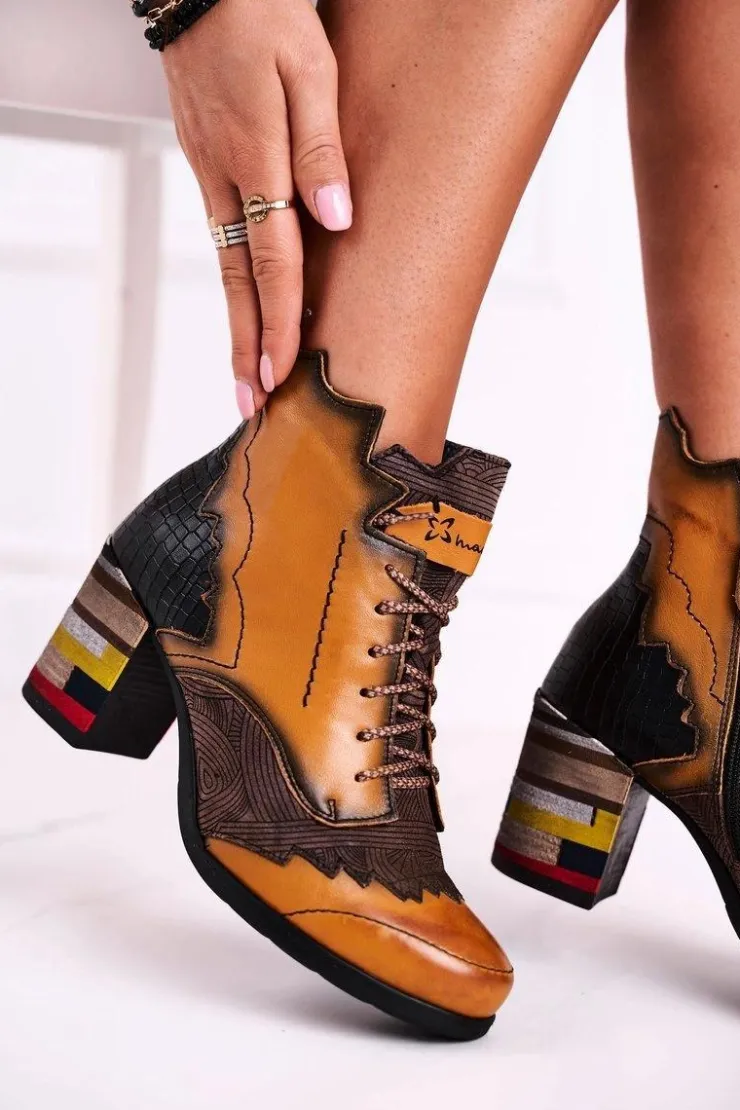 Maciejka Botki Maciejka|Botki Na Słupku*Botki Damskie Skórzane Trzewiki Żółte 03190-07