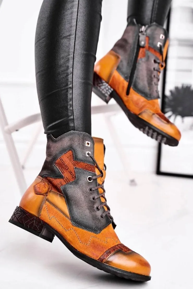 Clearance Maciejka Botki Damskie Skórzane Trzewiki Ocieplane Żółte 04625-07