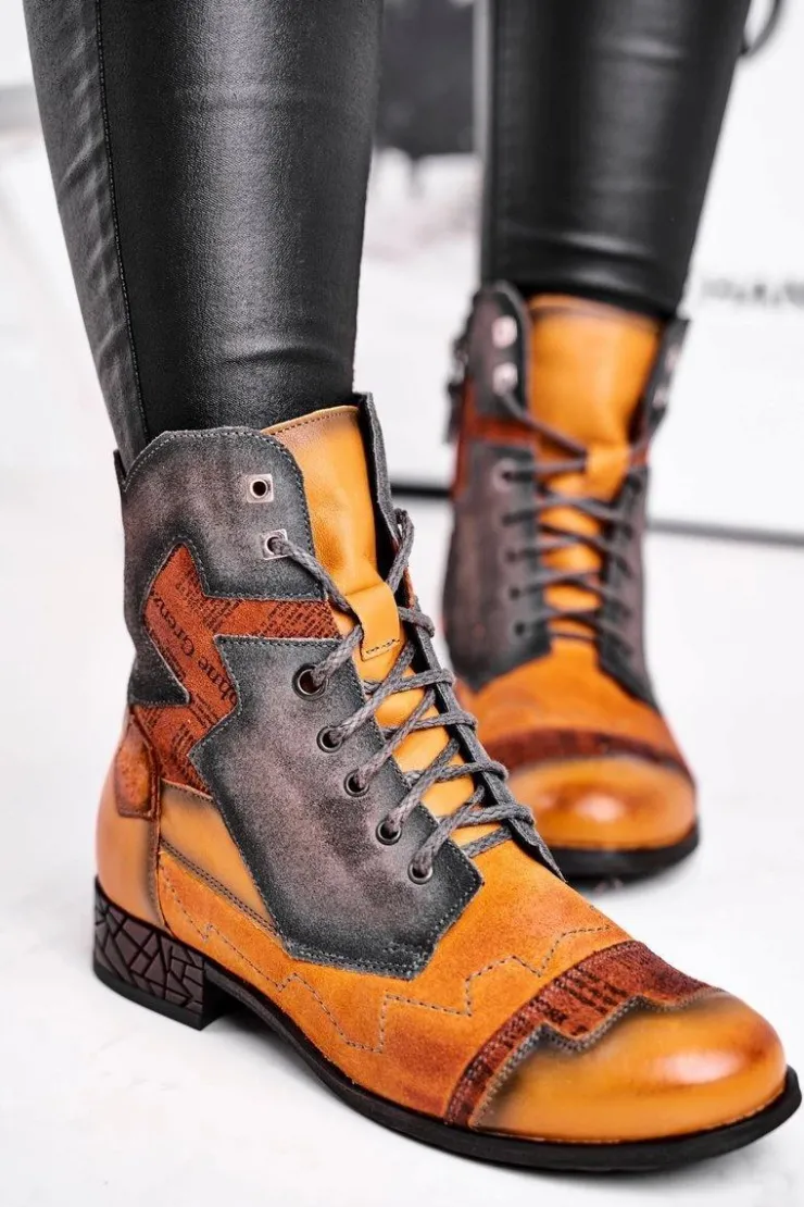 Clearance Maciejka Botki Damskie Skórzane Trzewiki Ocieplane Żółte 04625-07