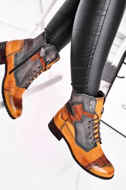 Clearance Maciejka Botki Damskie Skórzane Trzewiki Ocieplane Żółte 04625-07