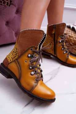 Maciejka Botki Maciejka|Botki Sznurowane*Botki Damskie Skórzane Trzewiki Żółte 3623A-07