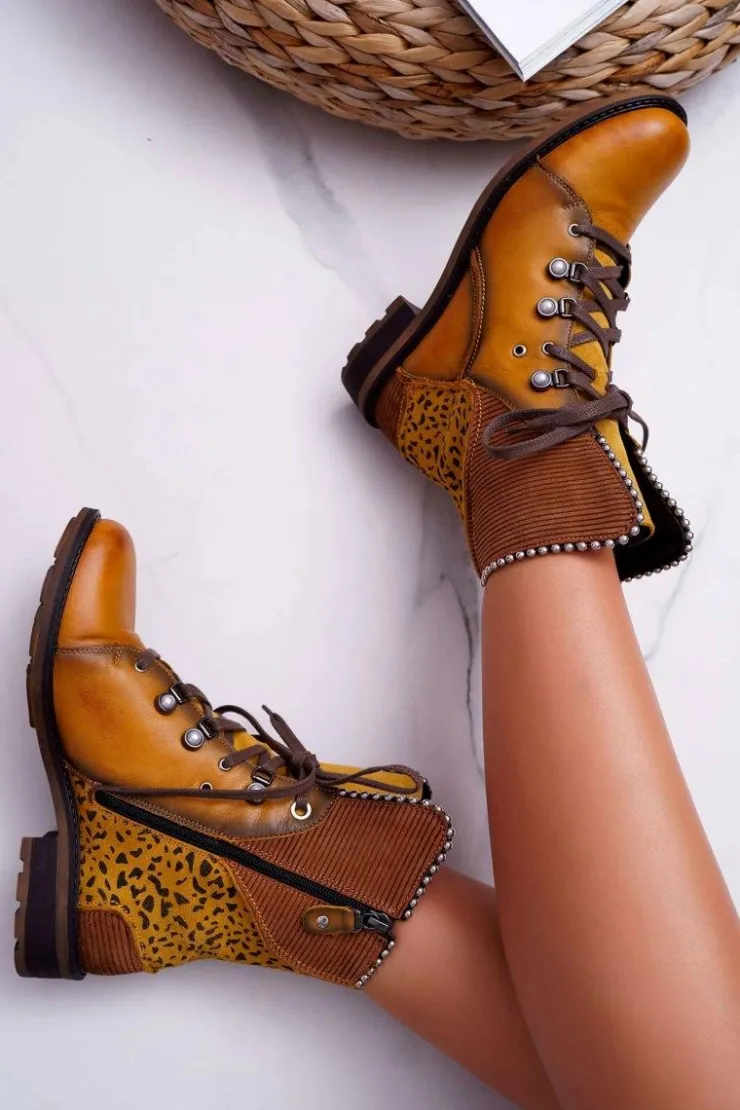 Maciejka Botki Maciejka|Botki Sznurowane*Botki Damskie Skórzane Trzewiki Żółte 3623A-07