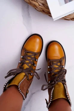 Maciejka Botki Maciejka|Botki Sznurowane*Botki Damskie Skórzane Trzewiki Żółte 3623A-07