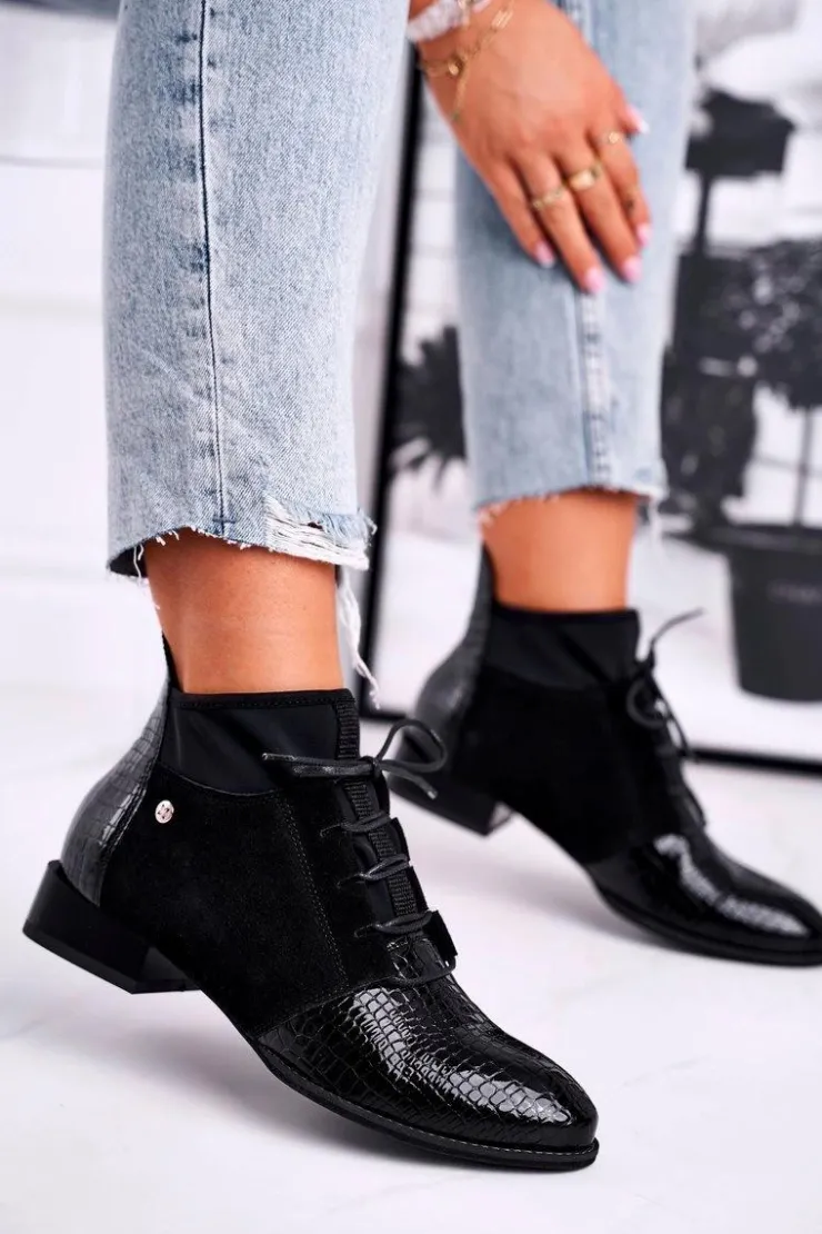 Maciejka Botki Maciejka|Botki Sznurowane*Botki Damskie Skórzane Trzewiki Czarne 04744-20