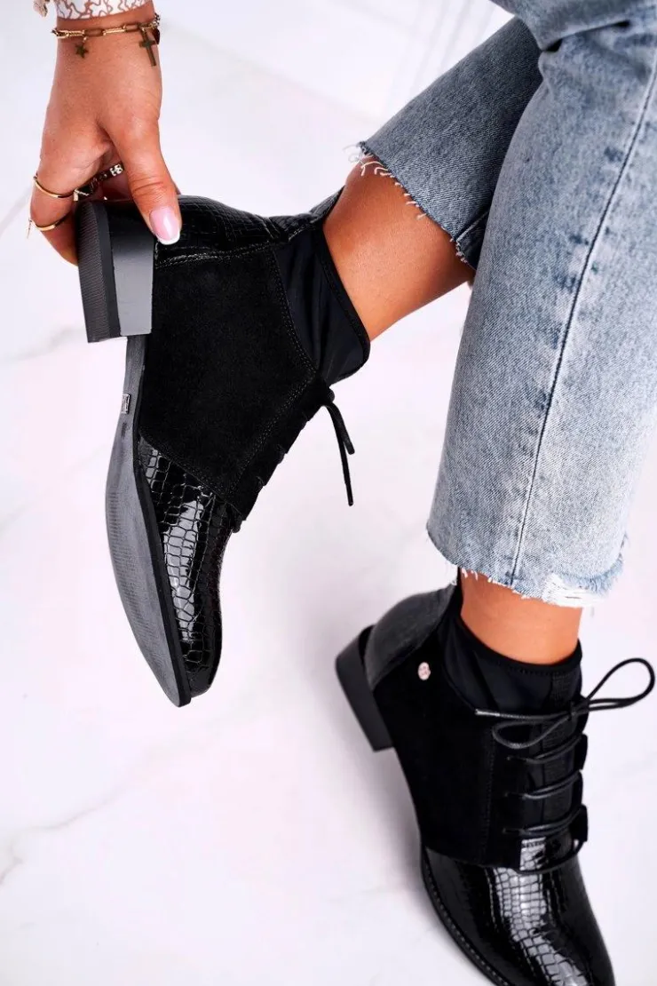 Maciejka Botki Maciejka|Botki Sznurowane*Botki Damskie Skórzane Trzewiki Czarne 04744-20