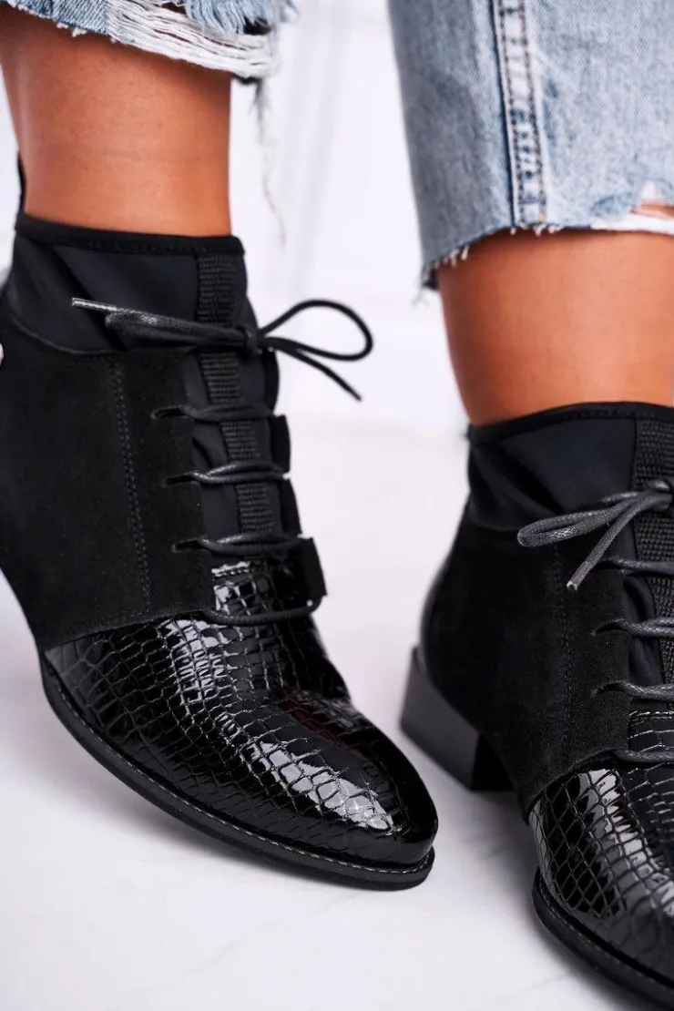 Maciejka Botki Maciejka|Botki Sznurowane*Botki Damskie Skórzane Trzewiki Czarne 04744-20