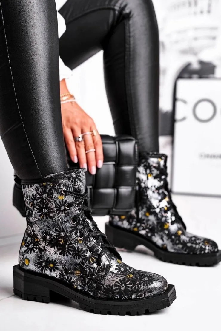 Maciejka Botki Maciejka|Botki Sznurowane*Botki Damskie Skórzane Trzewiki Kwiaty 04869-38